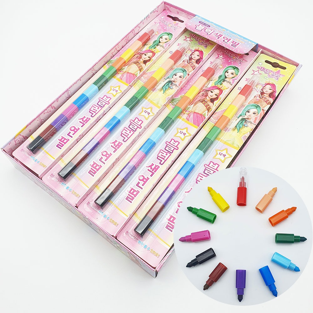 1000 시크릿 쥬쥬 12색 블럭색연필 16개입 1박스-휴대용 색연필 답례품 단체선물